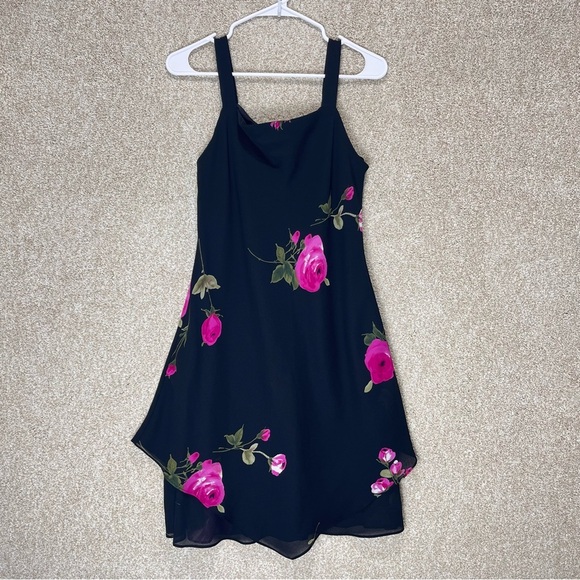 Black pink floral dress y2k style asymmetrical mesh overlay lined dark floral - Picture 1 of 10